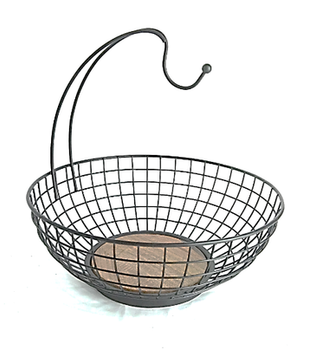 Iron & Wood Banana Basket – Black Metal Kitchen Fruit Basket with Hanging Hook - Metal Designers Gallery - India